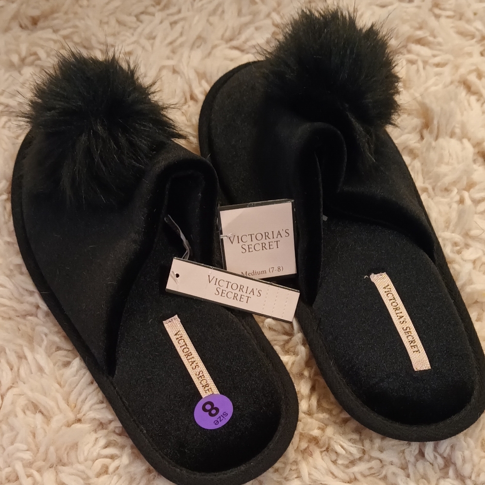 NEW! Victoria's Secret Black Cozy Slippers, Size Medium (7-8). With Tags.